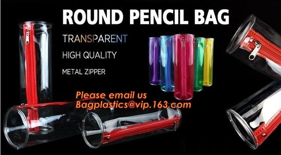 Custom fashion transparent plastic clear round standing pvc zipper pencil case for school boys