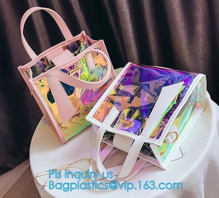 젤리 컬러 레이저 어깨에 메는 백 pvc 가죽 토트백 백, 스터딩된 명백한 운반 / PVC 어깨에 메는 백, 패션 투명한 홀로그램 Ｋ