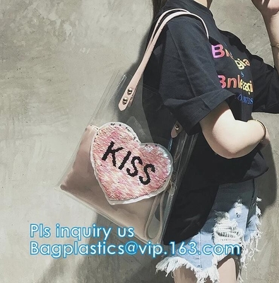 핸들 스타일 PVC 재료 쇼핑 여성용 대형 손가방, 비닐 PVC 운반 핸들 화장용이 핸드백이 여자, 검은 그물을 위한 가방을 수영합니다