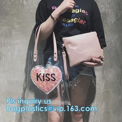 핸들 스타일 PVC 재료 쇼핑 여성용 대형 손가방, 비닐 PVC 운반 핸들 화장용이 핸드백이 여자, 검은 그물을 위한 가방을 수영합니다