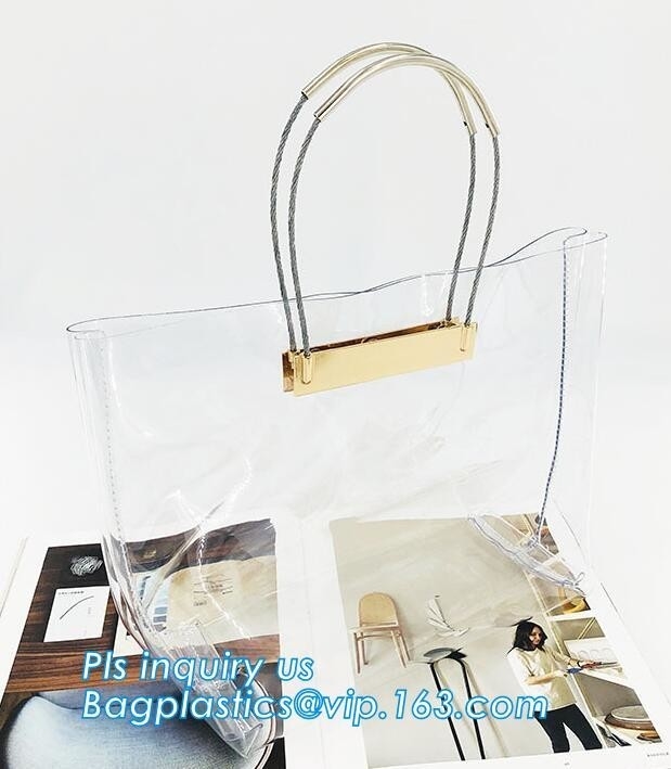 비닐 여성용 대형 손가방 투명한 pvc 핸드백, 패션 pvc 비치 백 여름 핸드백 여자, 금속성 투명한 PVC 해변 손