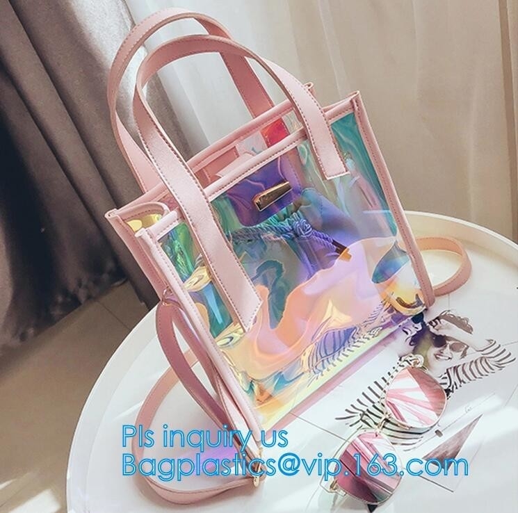 젤리 컬러 레이저 어깨에 메는 백 pvc 가죽 토트백 백, 스터딩된 명백한 운반 / PVC 어깨에 메는 백, 패션 투명한 홀로그램 Ｋ