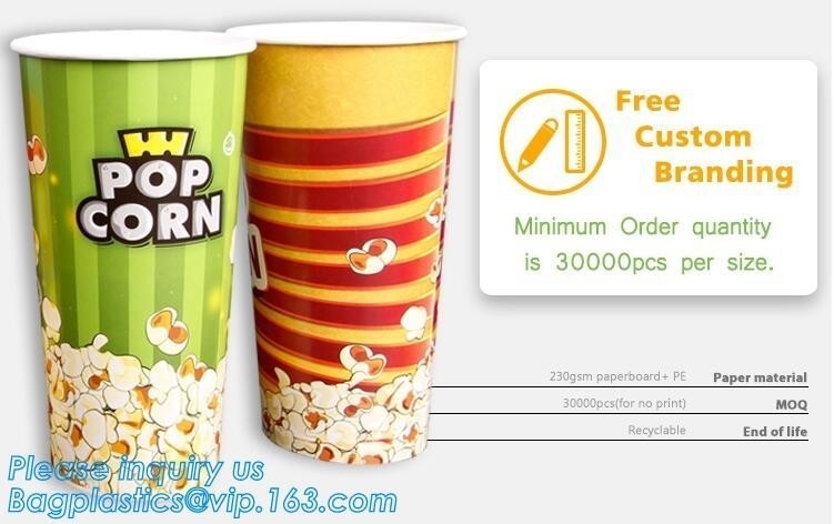 팝콘 용지함, 팝콘은 잔 모양으로 만듭니다, 수두, 맞춘 BRANDING,24OZ, 32OZ,46OZ가 패키지, 크라프트 지 컵, LID, 정치활동 위원회를 꺼냅니다