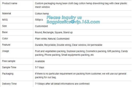 custom packaging mung bean cloth bag cotton hemp drawstring bag with clear plastic mesh window,Jute Drawstring Bag For G